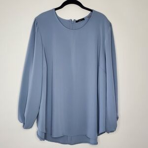 Tahari Woman Peasant Sleeve Top Size 2X Flowy Hi-low Hem Tunic Career Blue Shirt